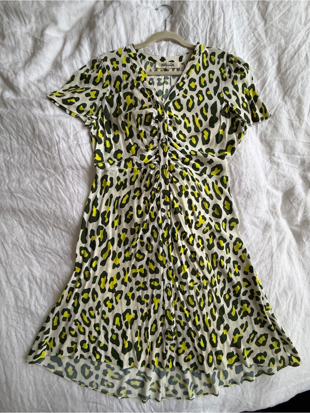 Diane Von Furstenberg White Dress with Neon Yellow & Dark Green Leopard Print